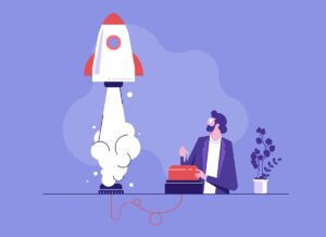 Uomo che fa partire un razzo con un bottone rosso e una pianta a fianco