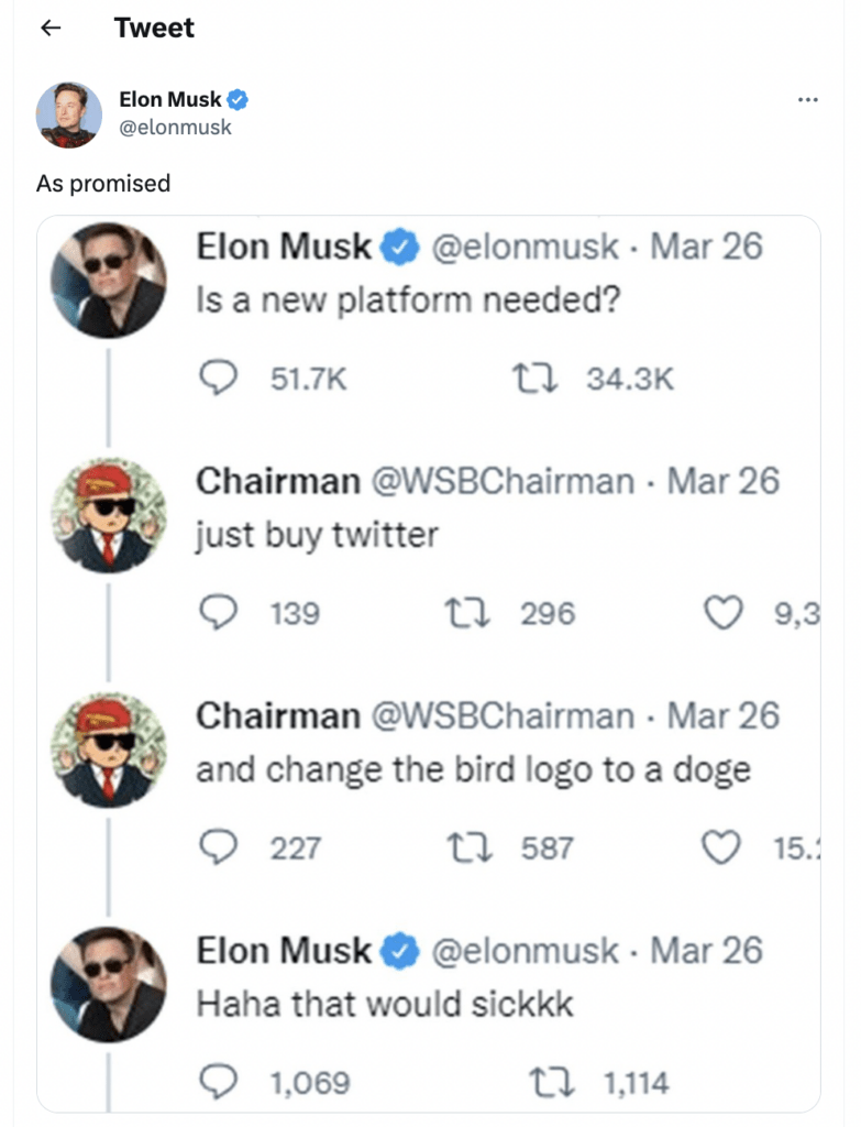 Chairman:“Compra twitter e cambia il logo con un doge” Elon Musk: “Sarebbe pazzesco”