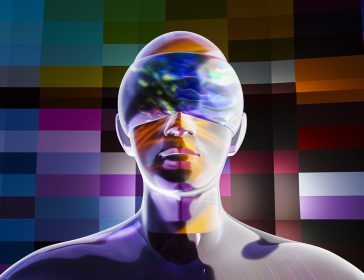 Avatar of a man wearing a VR mask standing on a mosaic patterned background