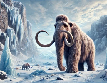 DALL·E 2025-01-29 13.59.26 - A realistic woolly mammoth standing in a frozen Ice Age landscape. The scene features snow-covered ground, towering icy cliffs, and a distant glacier